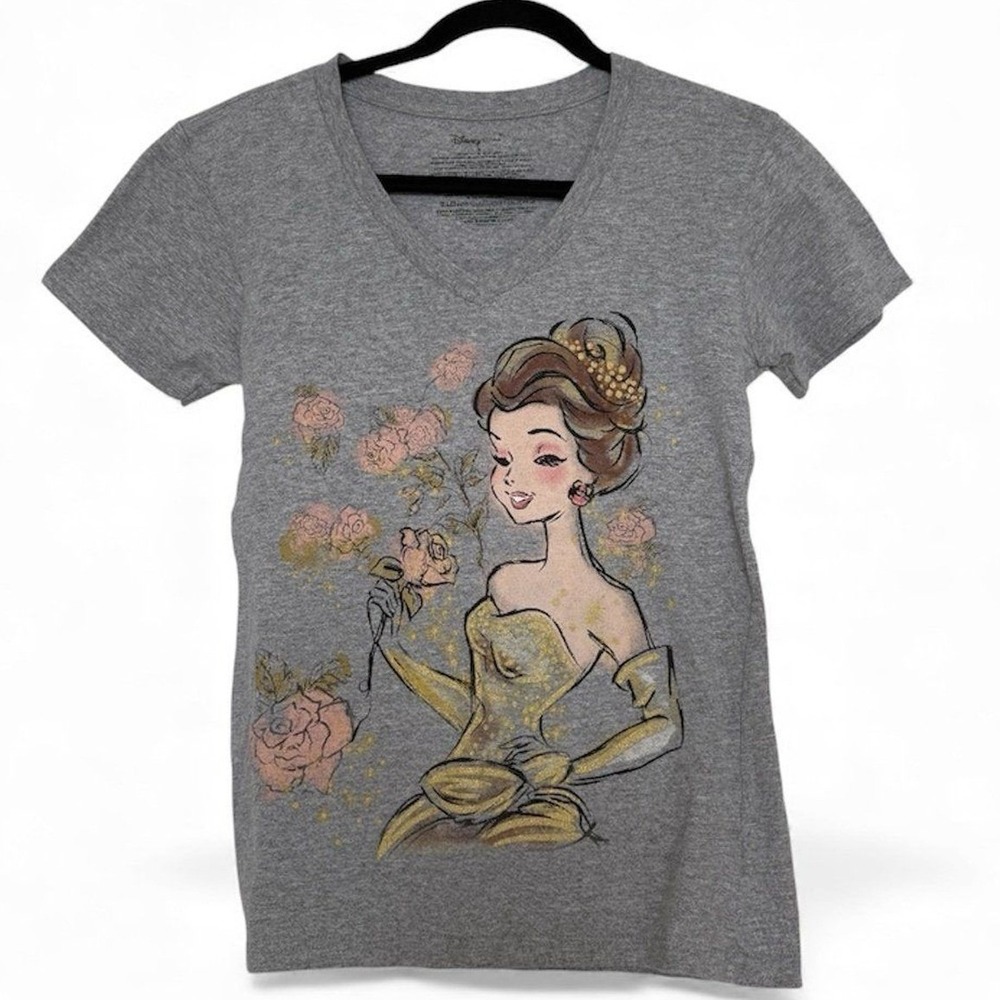 Disney Graphic Tee Womens Small Gray Belle Beauty and the Beast V-Neck Rose
